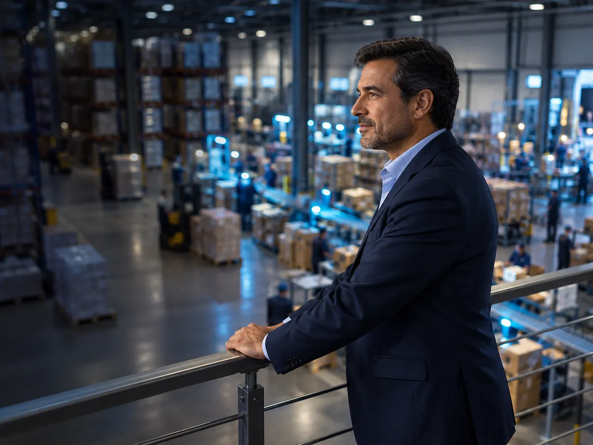 Empresario observa la operación de su almacén desde un mezzanine