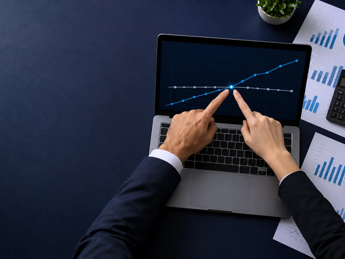 Gráfica de gastos que superan a las ventas en una laptop sobre escritorio ejecutivo