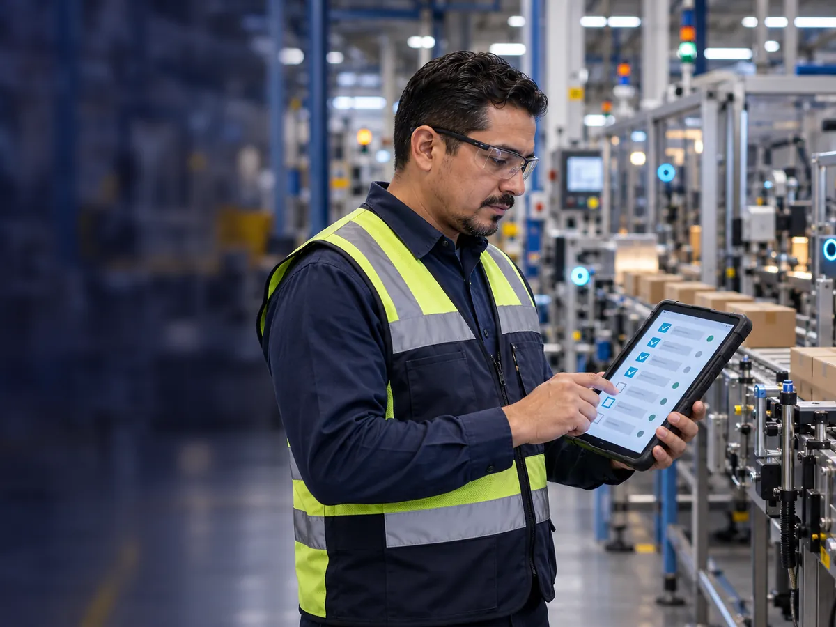 Supervisor revisa lista de verificación en tablet frente a línea de producción
